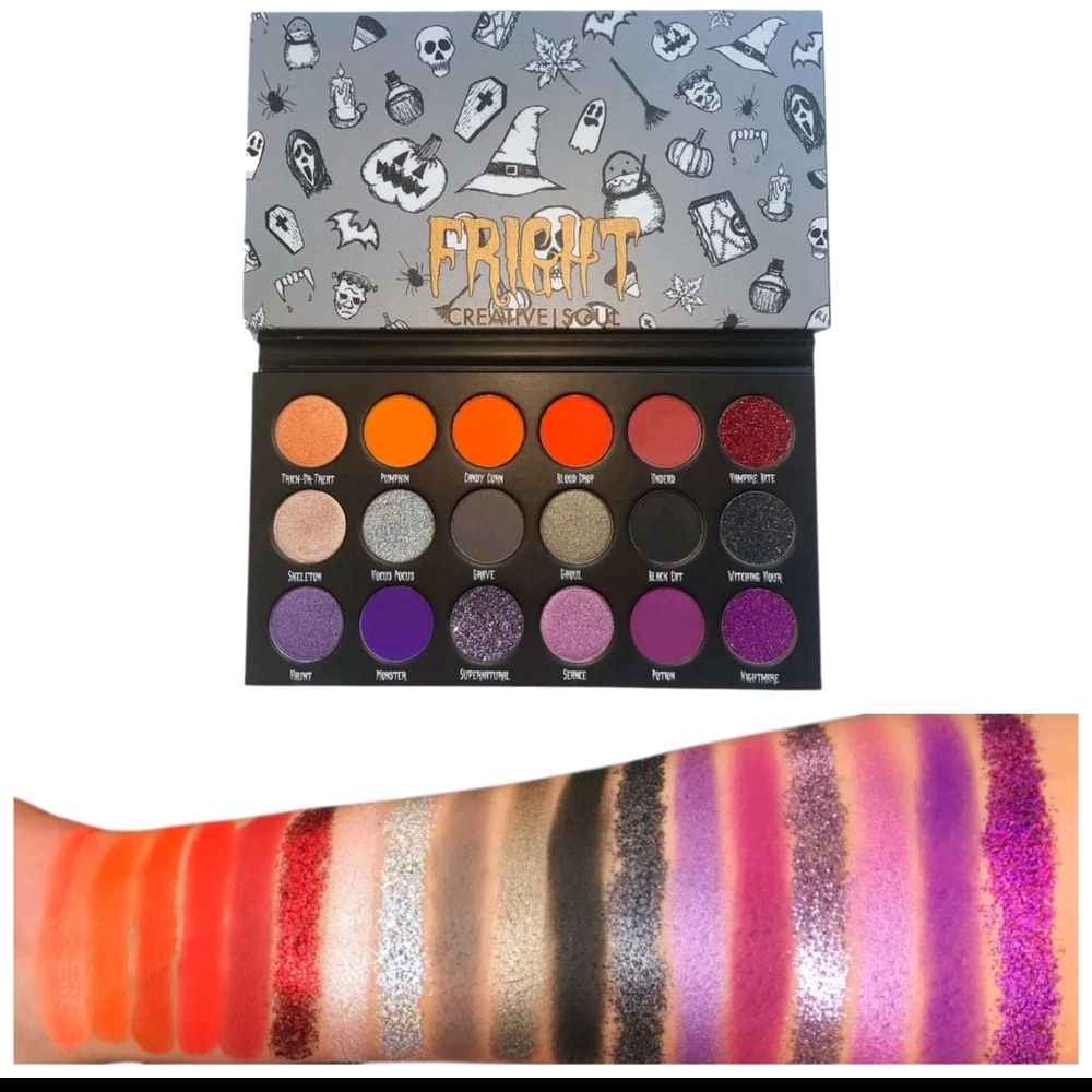 CREATIVE SOUL 18 Pan Fright Eyeshadow Palette Purple Orange Glitter Shimmer NEW